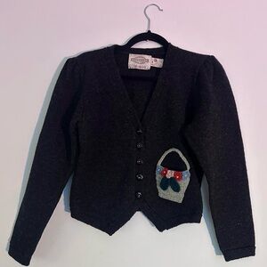 Susan Bristol Black 100% Wool Cardigan with Embroidered Basket